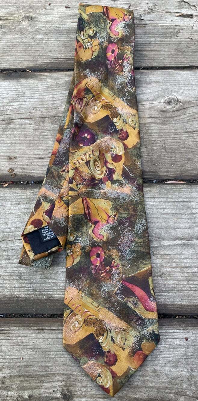 VTG Hugo Boss Silk Tie Italy Abstract Baroque Classical Floral Art Pattern Gold